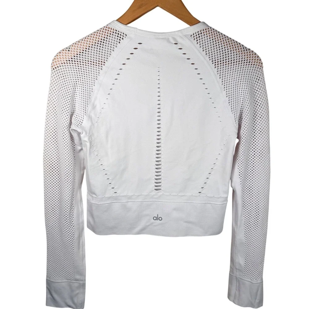 Alo Yoga Open Air Seamless Top Women Large White Mesh Long‎ Sleeve Crop Workout